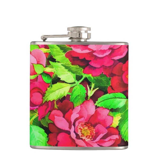Petaca Pintura de hojas verdes de flores rojas (Anverso)