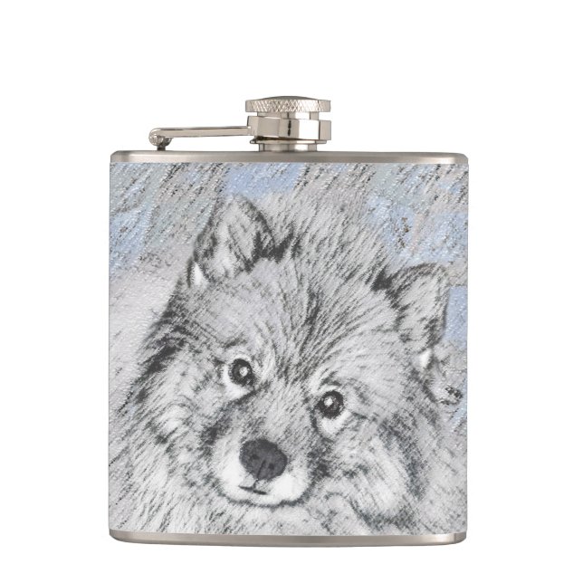 Petaca Pintura de Keeshond Beth - Arte de Perro Original. (Anverso)