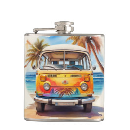 Petaca Pintura de un minibús vintage en la playa