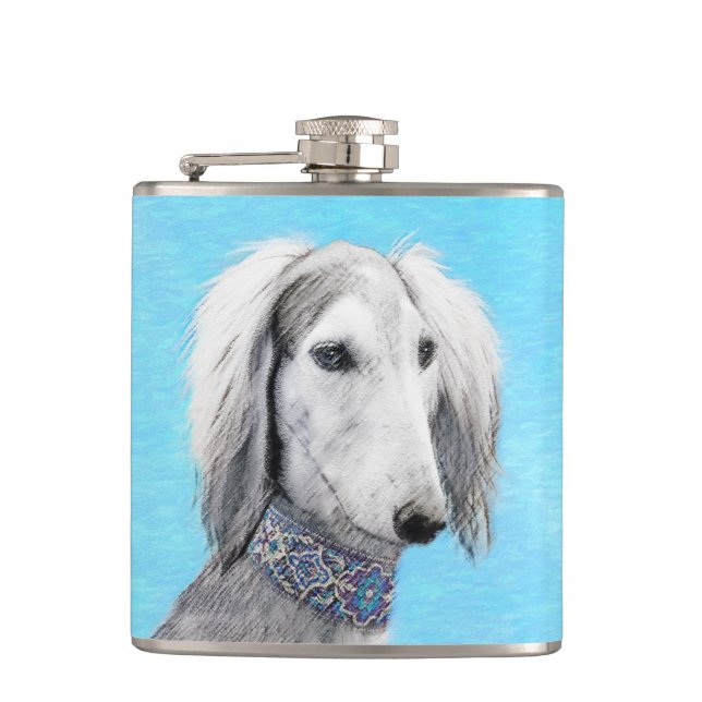 Petaca Pintura Saluki (plateada) - Arte Perro Original. (Anverso)