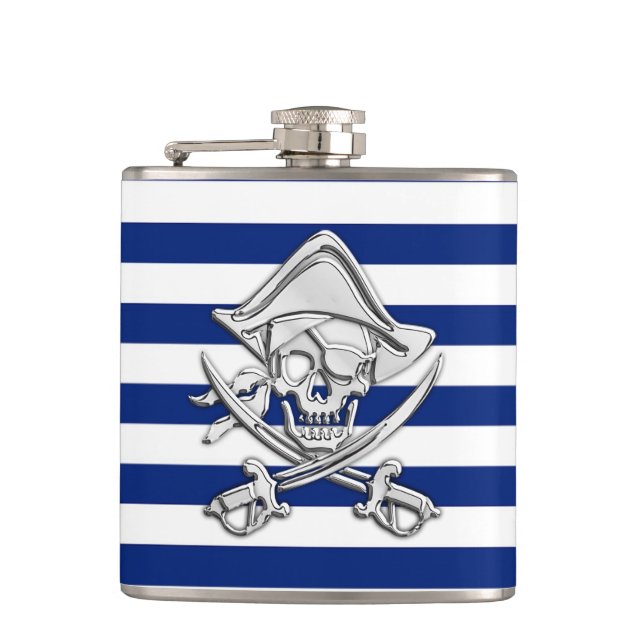Petaca Pirata cromado en franjas de la marina (Anverso)