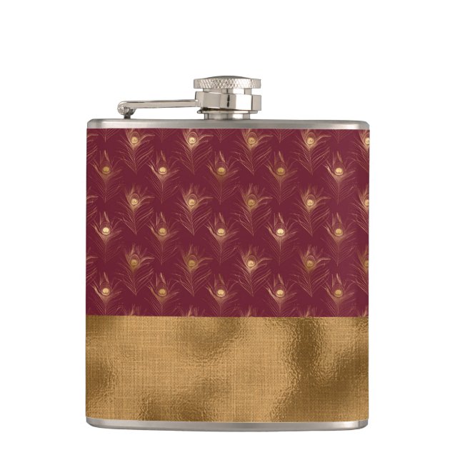 Petaca Plumas de pavo real doradas de Borgoña Chic Elegan (Anverso)