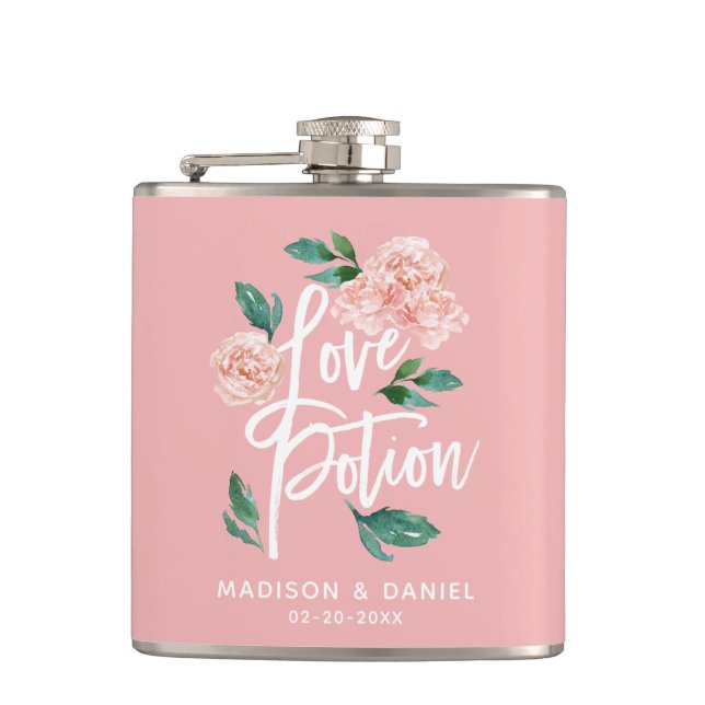 Petaca Poción de amor Rubor Floral rosa personalizada (Anverso)