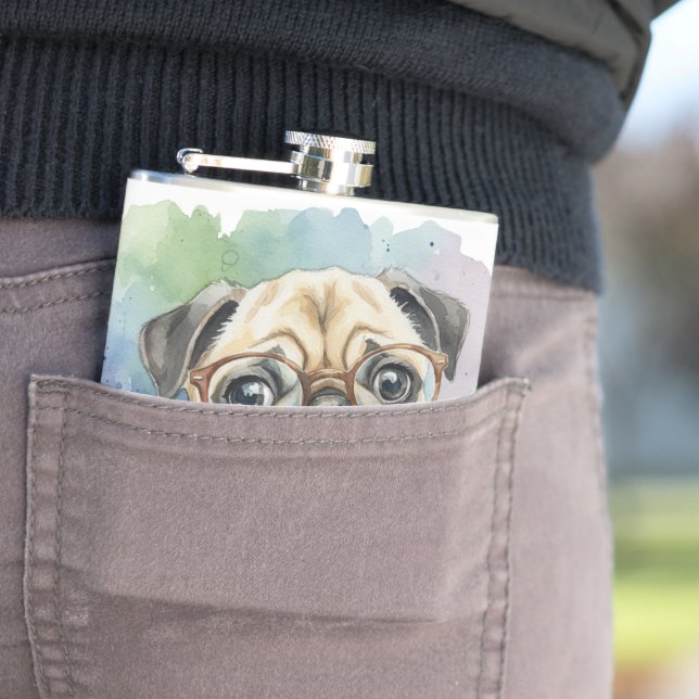 Petaca Pug adorable con gafas en acuarela (In Situ)