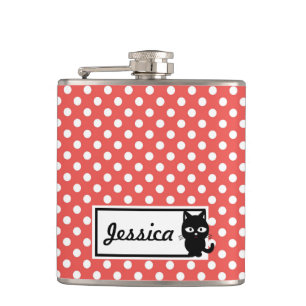 Petaca Punto de polka roja y gato negro personalizado