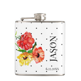 Petaca Punto Polka y Groomsmen floral amarillo rojo