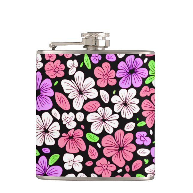 Petaca Purple and Pink Flowers and Petals Pattern Black (Anverso)