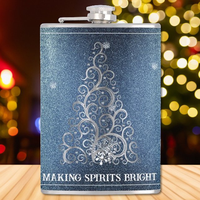 Petaca Purpurina de árbol de Navidad y copos de nieve | A (Blue Christmas Tree Glitter and Snowflakes Flask)