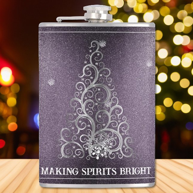 Petaca Purpurina de árbol de Navidad y copos de nieve | P (Purple Christmas Tree Glitter and Snowflakes Flask)
