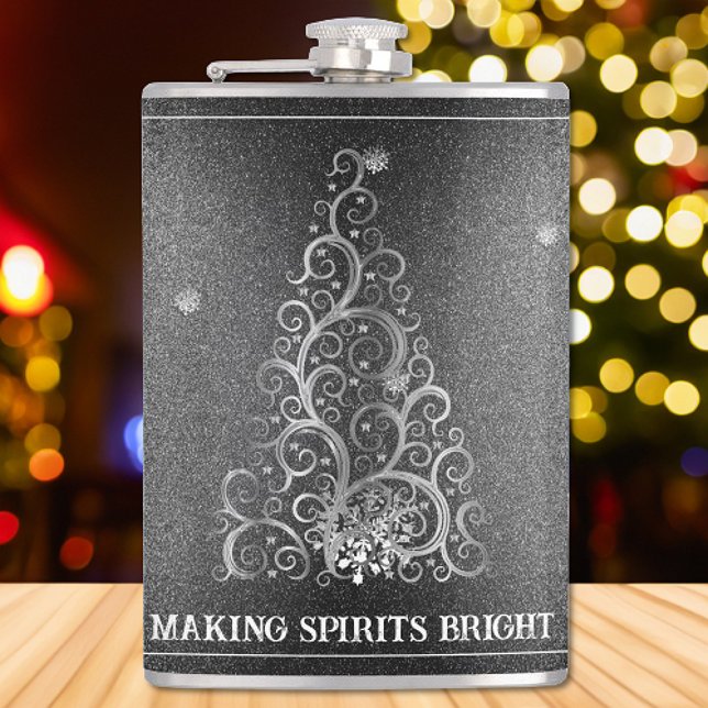 Petaca Purpurina de árbol de Navidad y copos de nieve | P (Silver Christmas Tree Glitter and Snowflakes Flask)
