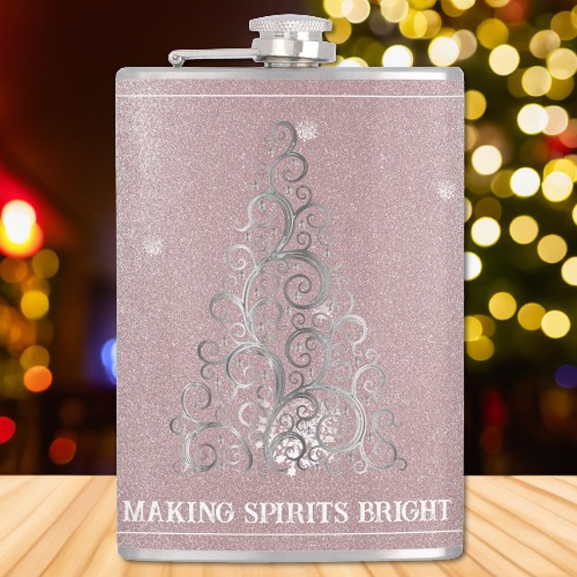 Petaca Purpurina de árbol de Navidad y copos de nieve | R (Pink Christmas Tree Glitter and Snowflakes Flask)