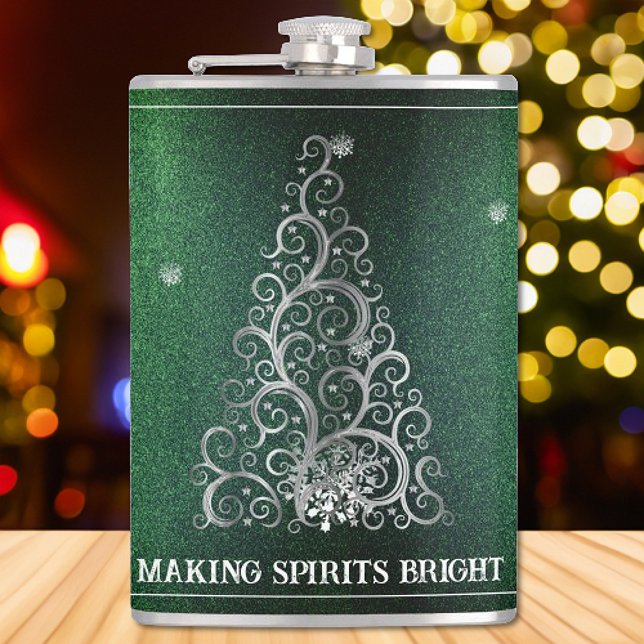 Petaca Purpurina de árbol de Navidad y copos de nieve | V (Green Christmas Tree Glitter and Snowflakes Flask)