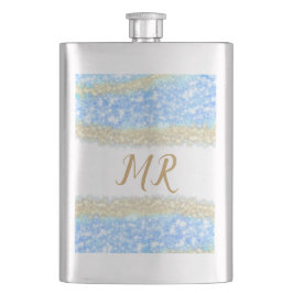 Petaca purpurina de oro azul chispa monograma texto