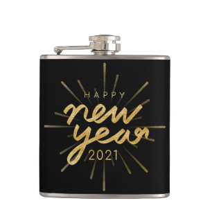 Petaca Purpurina de oro Black Happy New Year 2021 Flask