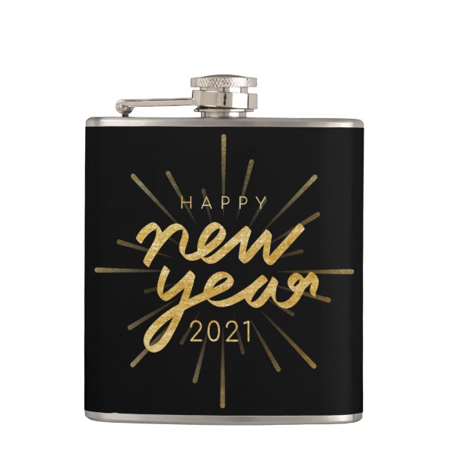 Petaca Purpurina de oro Black Happy New Year 2021 Flask (Anverso)