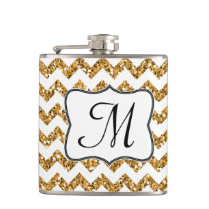 Petaca Purpurina de oro moderno Chevron Monograma Whiskey