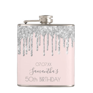 Petaca Purpurina de plata rosa de cumpleaños gotea amigos