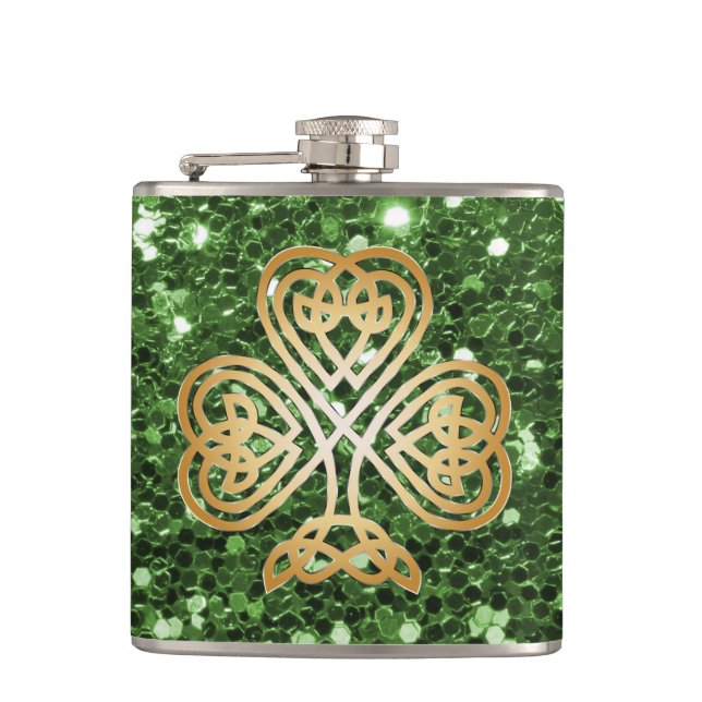 Petaca Purpurina Golden Brillante Celtic Shamrock Green F (Anverso)