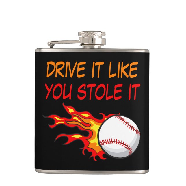 Petaca Quemando béisbol en llamas con curiosa cita, negro (Anverso)