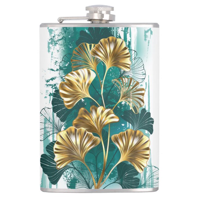 Petaca Rama con hojas doradas Ginko Biloba (Anverso)