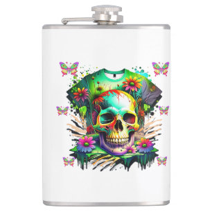 Petaca Raro hasta el final - Calavera psicodélica y flora
