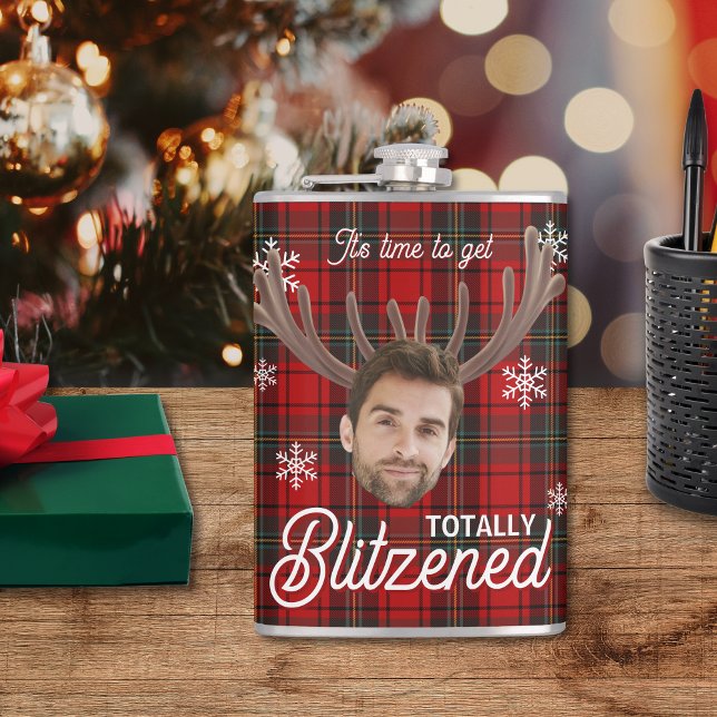 Petaca Red Plaid Blitzened Holiday Humor Drinking Flask (Red plaid Christmas flask with snowflakes and “It’s time to get Blitzened” holiday humor.)