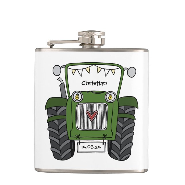 Petaca Regalo de boda personalizado tractor verde país (Anverso)