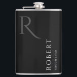 Petaca Regalo de Groomsmen en Monograma Masculino Negro<br><div class="desc">Este sencillo matraz de personalizado de groomsmen presenta el nombre,  el monograma y la fecha de boda personalizados del groomsman. Puede cambiar fácilmente los colores de fondo y fuentes para que coincidan con el evento si lo desea.</div>