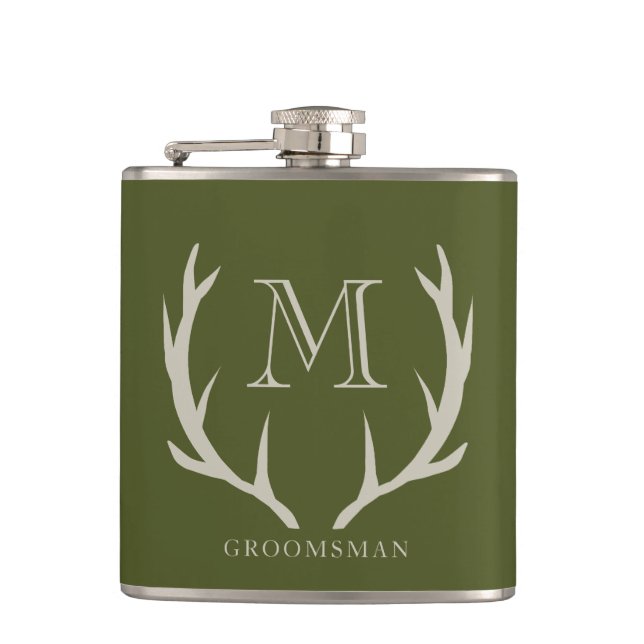Petaca Regalo de Groomsmen, Personalizado de Antler Verde (Anverso)