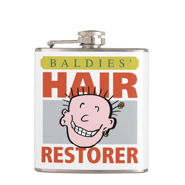 Petaca Regalo de Hombre Calvo. Baldies Hair Restorer (Anverso)
