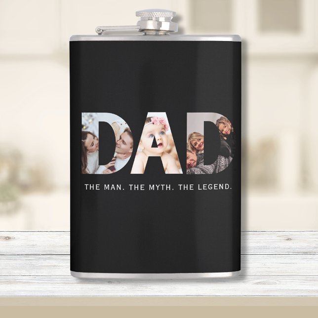 Petaca Regalo de leyenda de papá con collage de 3 fotos (Dad flask, with 3 photo collage. Text: "The man. The myth. The legend")