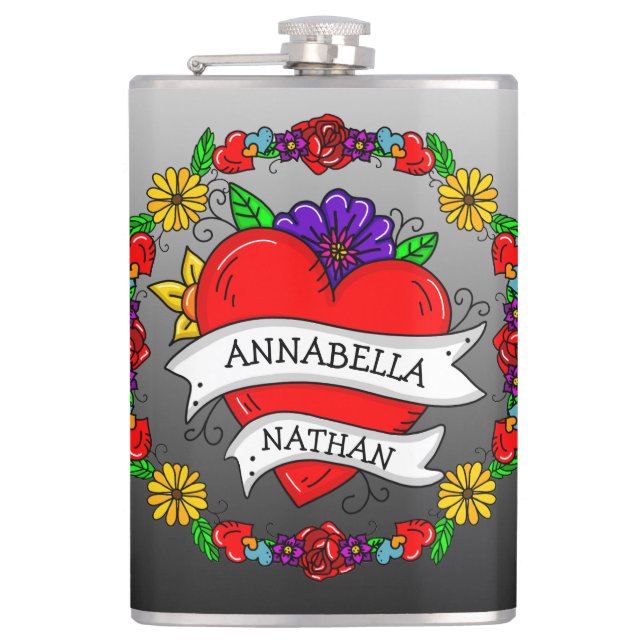 Petaca Regalo de pareja romántica | Arte Tattoo Style (Anverso)