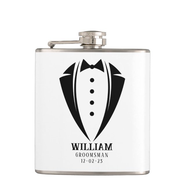 Petaca Regalo Groomsman de Tuxedo negro y blanco moderno (Anverso)