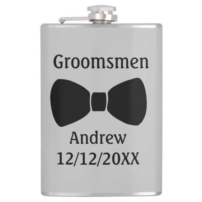 Petaca Regalo personalizado de Bow Tie Black Gray Groomsm (Anverso)