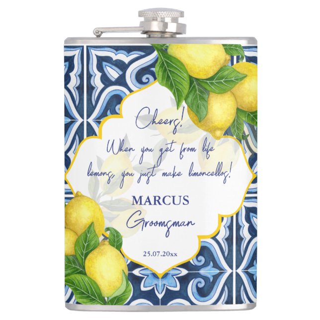 Petaca Regalos de Groomsmen favorecen los azulejos azules (Anverso)
