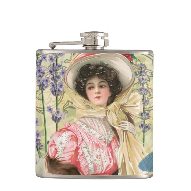 Petaca Regencia de mujeres victorianas con flores rosadas (Anverso)