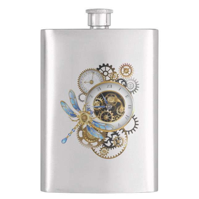Petaca Reloj Steampunk con libélula mecánica (Anverso)