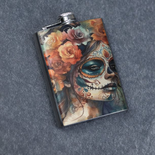 Petaca Retrato de Catrina en acuarela del Día de los Muer