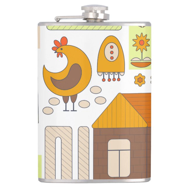 Petaca Rooster, gallinas, dibujo floral geométrico. (Anverso)