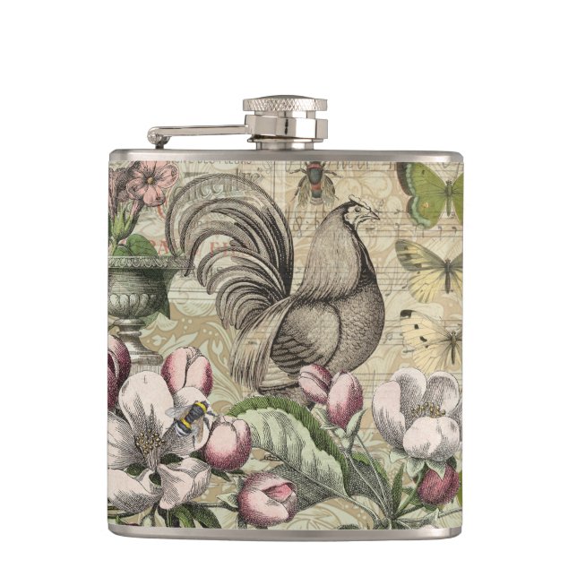 Petaca Rooster Garden Flower Butfly Art (Anverso)