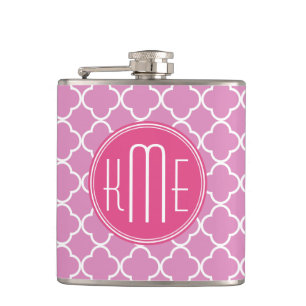 Petaca Rosa color de rosa Quatrefoil con el monograma de