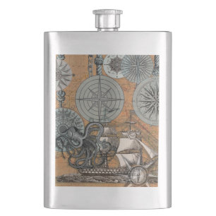 Petaca Rosa de brújula Vintage Nautical Octopus Ship
