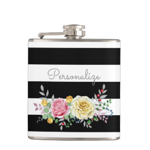 Petaca Rosa de moda Floral Trendy Black Stripes and Name