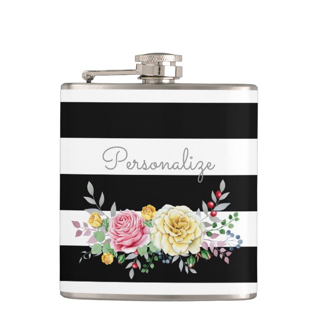 Petaca Rosa de moda Floral Trendy Black Stripes and Name (Anverso)