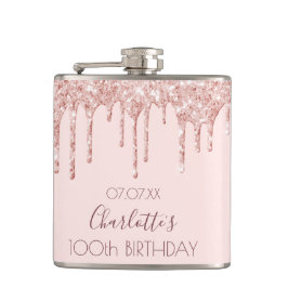 Petaca rosa  de oro de 100 años purpurina gotea de color 