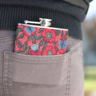 Petaca Rosa de perro y mariposas en rojo y azul