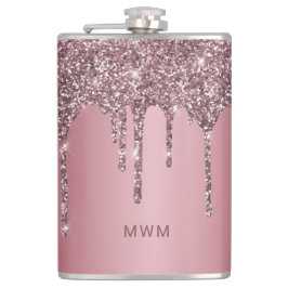 Petaca Rosa Dorado Rosa Glitter Brillo Goteo Monograma