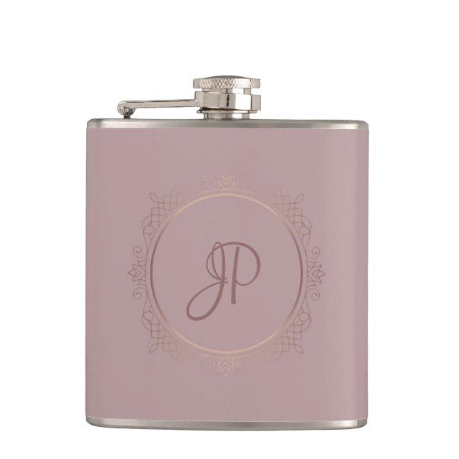Petaca Rosa Monograma de Oro Personalizado Elegante (Anverso)