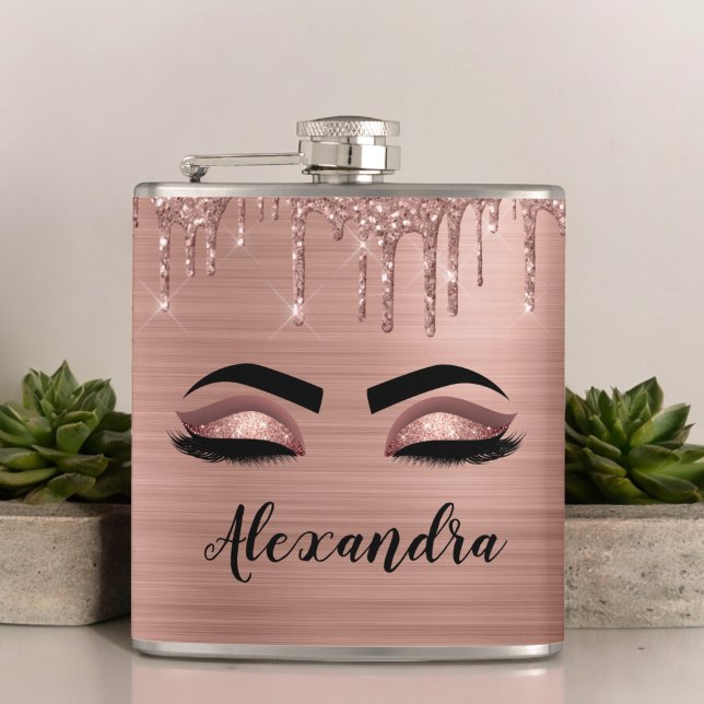 Petaca Rosa Purpurina dorado Esparkle Eyelashes Monograma (Subido por el creador)