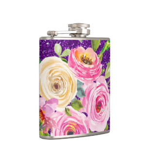 Petaca Rosas acuarelas en Purpurina rosa y morado crema